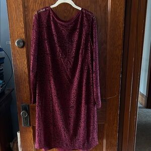 Chaps Deep Red Long Sleeve Lace Dress